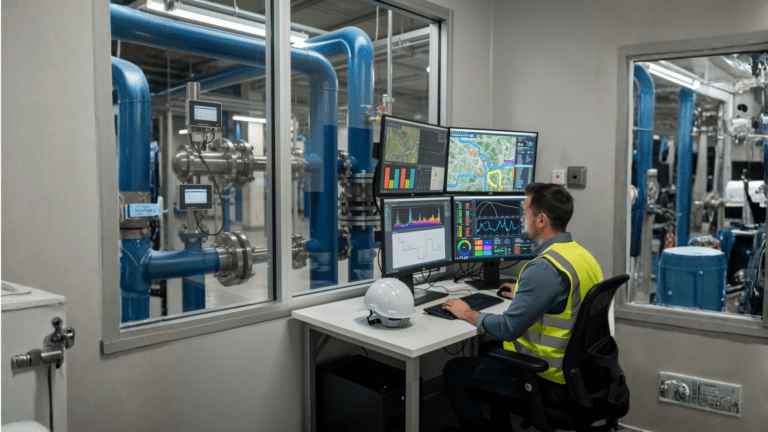 Un ingénieur traite des données devant une installation d'eau potable. Image générée par l'IA